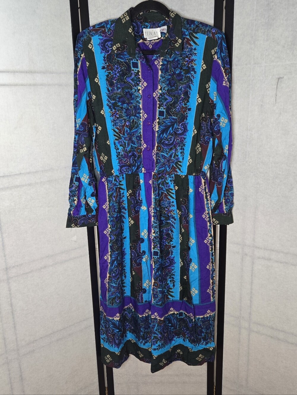 Vintage 80s Purple Blue Green Paisey Midi Long-Sleeve Dress Size Large Cottage